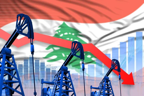 lowering, falling graph on Lebanon flag background - industrial illustration of Lebanon oil industry or market concept. 3D Illustration
