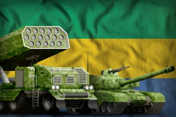 Gabon heavy military armored vehicles concept on the national flag background. 3d Illustration