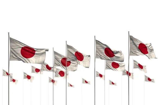 Bonito Japão bandeiras isoladas colocadas em linha com foco suave e lugar para o texto - qualquer bandeira de festa ilustração 3d — Fotografia de Stock