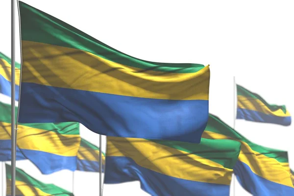 Ziemlich viele gabonische Flaggen wehen isoliert auf weiß - Illustration mit weichem Fokus - jede Festflagge 3d Illustration — Stockfoto