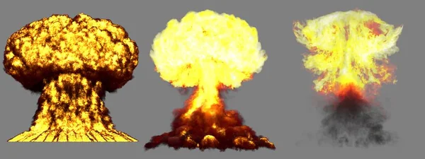 3D illustration of explosion - 3 huge high detailed different phases mushroom cloud explosion of atom bomb with smoke and fire isolated on grey