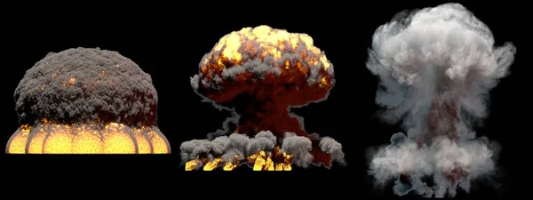3D illustration of explosion - 3 huge different phases fire mushroom cloud explosion of hydrogen bomb with smoke and flame isolated on black background