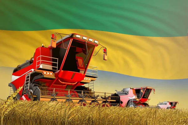 Moissonneuse batteuse agricole travaillant sur le terrain rural avec drapeau gabonais arrière-plan, concept de production alimentaire illustration 3D industrielle — Photo