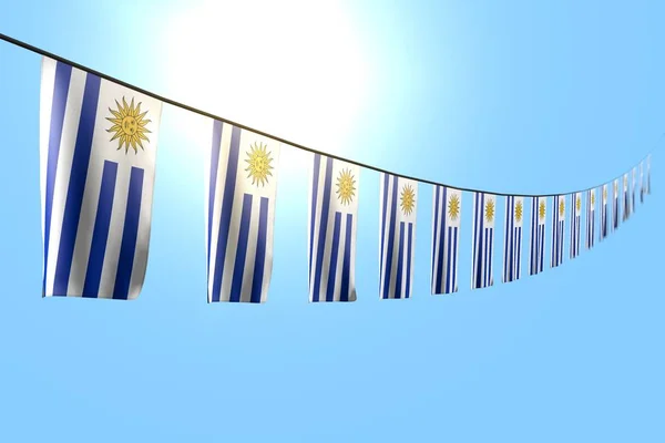 Oldukça çok Uruguay bayrakları veya afiş seçici odak ile mavi gökyüzü arka plan üzerinde halat üzerinde diyagonal asılı - herhangi bir bayram bayrağı 3d illüstrasyon — Stok fotoğraf