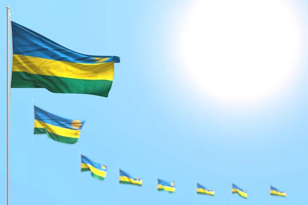 Dost mnoho vlajek ve Rwandě umístěných diagonálně s selektivním ohniskem a prázdným místem pro text-jakákoliv příležitost příznak 3D ilustrace — Stock fotografie