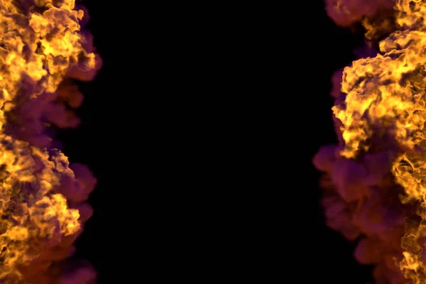 Ilustração 3D de fogo fogo ardente espaço quadro isolado em fundo preto com fumaça pesada - superior e inferior estão vazios, linhas de fogo de lados esquerda e direita — Fotografia de Stock