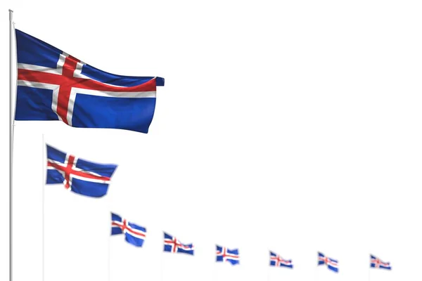 Meravigliose bandiere islandesi isolate poste in diagonale, illustrazione con messa a fuoco selettiva e spazio per i tuoi contenuti qualsiasi bandiera festa illustrazione 3d — Foto Stock