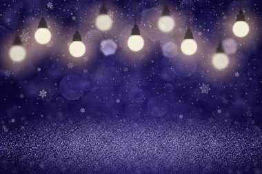 mavi güzel parlak glitter ışıkları ampuller ve düşen kar gevreği sinek ile bokeh soyut arka plan defokus, içerik için boş alan ile festival mockup doku