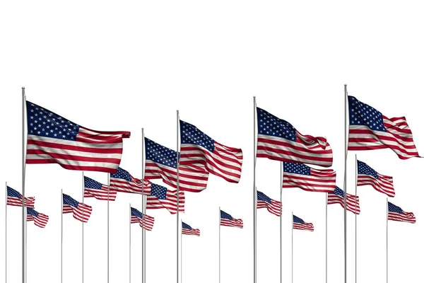 Beautiful many USA flags in a row isolated on white with empty place for your content - any celebration flag 3d illustration — Stock Photo, Image