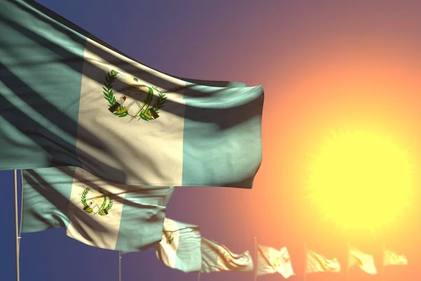 Ziemlich viele guatemaltekische Flaggen bei Sonnenuntergang diagonal platziert mit weichem Fokus und Platz für Ihren Text - jede Festflagge 3D-Illustration — Stockfoto