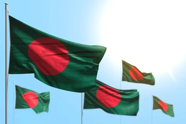 Cute 5 flags of Bangladesh are waving against blue sky photo with bokeh - any celebration flag 3d illustration — Stock Photo, Image
