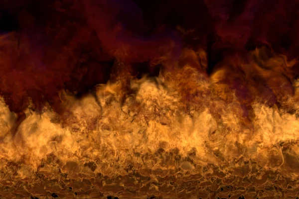 Φλόγα από τις κάτω γωνίες-Fire 3D απεικόνιση της κοσμικής λαμπεράς κόλασης, διασιωμένο πλαίσιο με πυκνό καπνό απομονώνεται σε μαύρο — Φωτογραφία Αρχείου