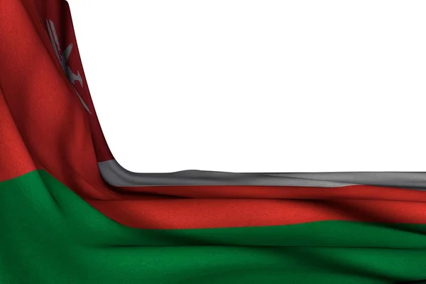 Schöne isolierte Attrappe einer omanischen Flagge, die diagonal auf weiß hängt, mit freiem Platz für Ihren Text - jede Feier-Flagge 3D-Illustration — Stockfoto
