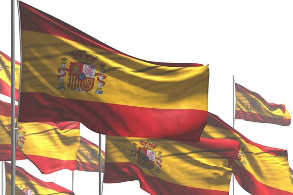 Nice många Spanien flaggor är viftande isolerad på vit-alla tillfällen flagga 3D-illustration — Stockfoto