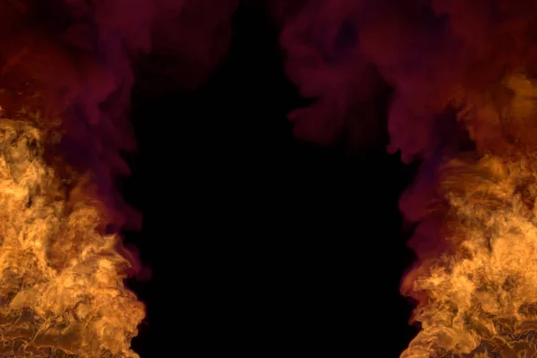 Esplosione ardente visionario sul nero, cornice con fumo scuro - fuoco da angolo sinistro e destro - fuoco 3D illustrazione — Foto Stock