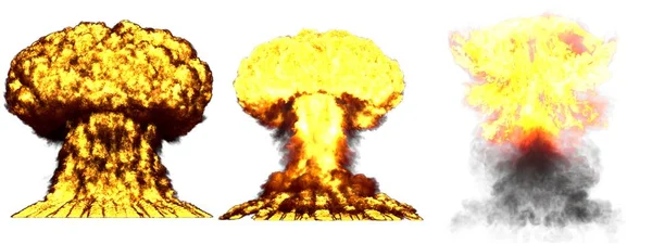 Ilustración 3D de la explosión - 3 grandes fases muy detalladas diferentes explosión de la nube de hongos de la bomba nuclear con humo y fuego aislado en blanco —  Fotos de Stock