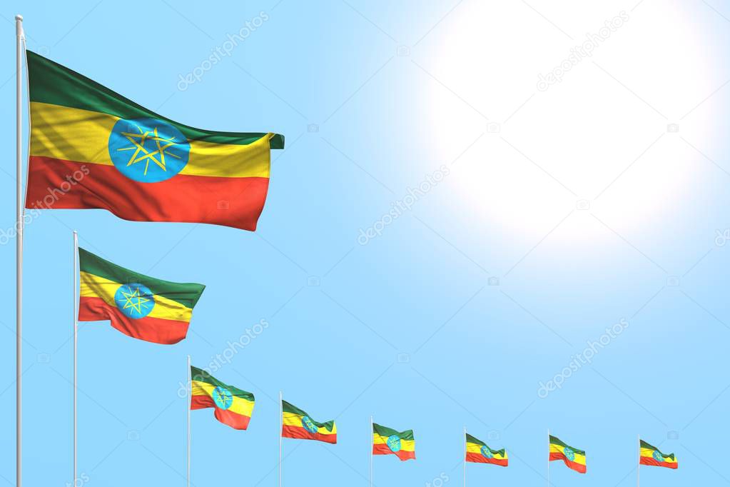 cute many Ethiopia flags placed diagonal on blue sky with space for your content - any feast flag 3d illustration