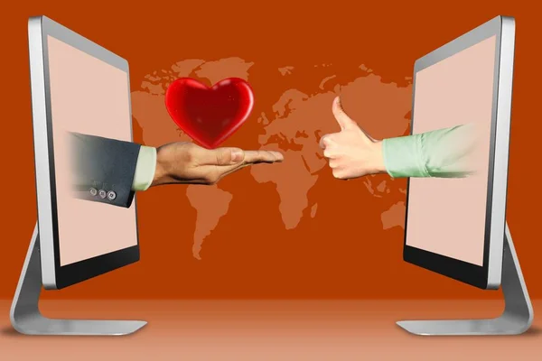 Dator koncept, två händer från datorer. hjärta och tummen upp, som. 3D-illustration — Stockfoto