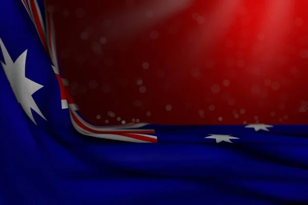 Maravillosa foto oscura de la bandera de Australia yacía en esquina sobre fondo rojo con enfoque selectivo y espacio libre para el contenido - cualquier ilustración 3d bandera de vacaciones — Foto de Stock