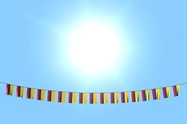 Mignon de nombreux drapeaux Colombie ou bannières suspendues sur une corde sur fond bleu ciel - toute célébration drapeau illustration 3d — Photo