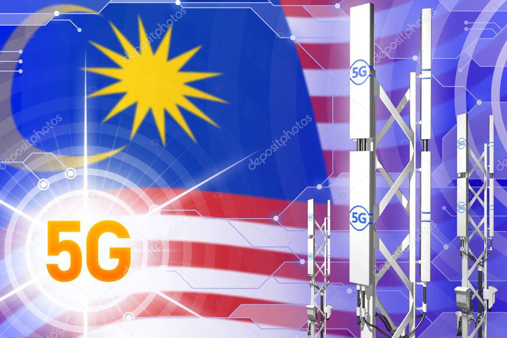 Malaysia 5G industrial illustration, large cellular network mast or tower on modern background with the flag - 3D Illustration