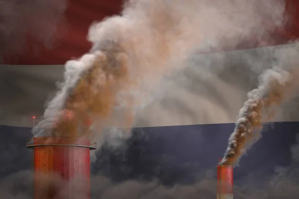 Zware rook van industriële schoorstenen op Nederland vlag-Global Warming concept, achtergrond met ruimte voor uw logo-industriële 3D illustratie — Stockfoto