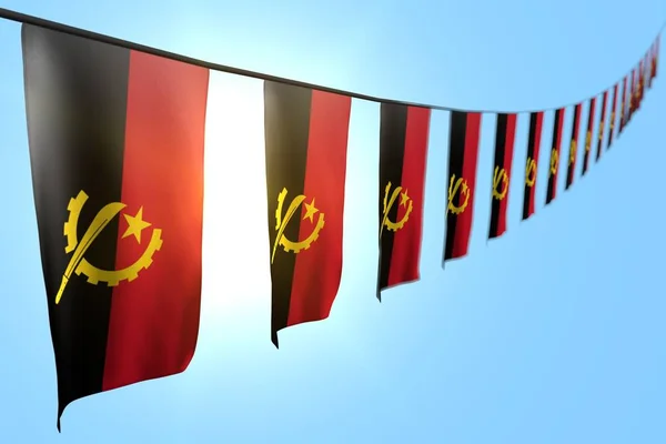 Bonito muitas bandeiras de Angola ou bandeiras penduradas diagonal na corda no fundo do céu azul com foco seletivo - qualquer bandeira de férias ilustração 3d — Fotografia de Stock