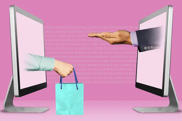 Informatie concept, twee handen van laptops. hand met Shopping Bag en memorie gebaar. 3D-illustratie — Stockfoto