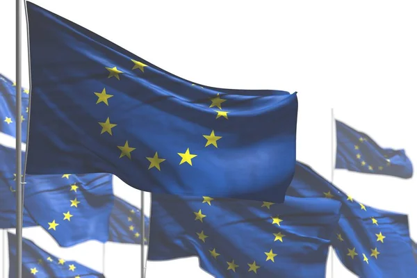 Prachtige vele Europese Unie vlaggen zijn Golf geïsoleerd op wit-foto met selectieve focus-elke viering vlag 3D illustratie — Stockfoto