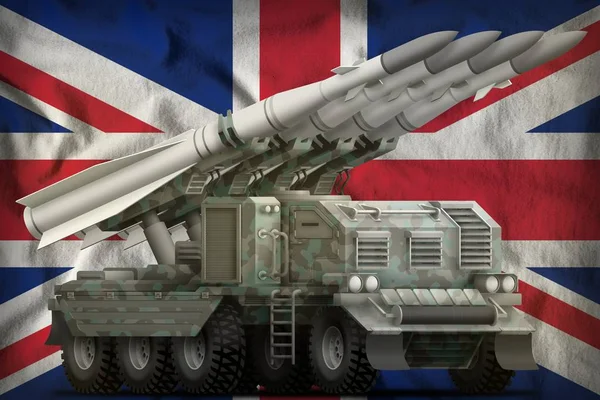 Tactical short range ballistic missile with arctic camouflage on the United Kingdom (UK) national flag background. 3d Illustration — Stock Photo, Image