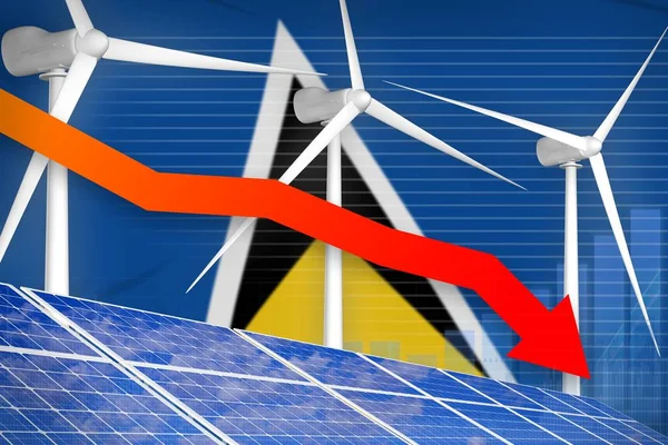 Grafico di riduzione dell'energia solare ed eolica di Santa Lucia, freccia verso il basso - illustrazione industriale dell'energia naturale alternativa. Illustrazione 3D — Foto Stock