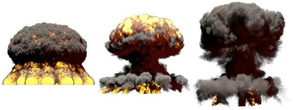 3D иллюстрация взрыва - 3 больших различных фазы пожара грибной взрыв облака водородной бомбы с дымом и пламенем изолированы на белом — стоковое фото