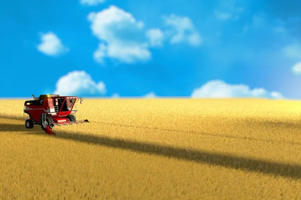 Sklizňový kombinér zrzavých obilnin pracuje na rozsáhlém pojetí vozidel pro sklizeň pšenice, průmyslové 3D ilustrace — Stock fotografie