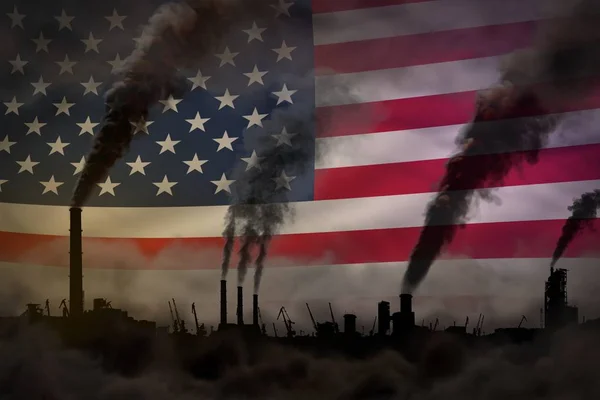 Donkere vervuiling, strijd tegen klimaatverandering concept-industriële 3D illustratie van fabriek schoorstenen dichte rook op USA vlag achtergrond — Stockfoto