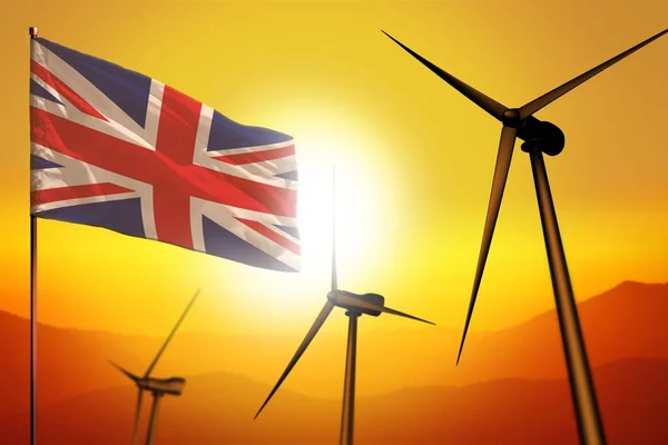 Reino Unido (UK) energia eólica, conceito de ambiente de energia alternativa com turbinas eólicas e bandeira no pôr do sol ilustração industrial - energias alternativas renováveis, ilustração 3D — Fotografia de Stock