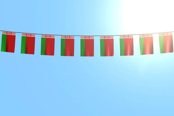 Beautiful many Belarus flags or banners hangs on rope on blue sky background - any celebration flag 3d illustration — Stock Photo, Image