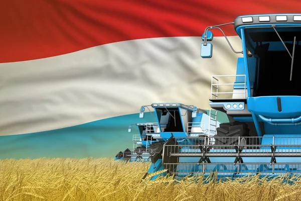 Illustration 3D industrielle de trois moissonneuses-batteuses modernes bleues avec drapeau luxembourgeois sur champ de blé - vue de près, concept agricole — Photo