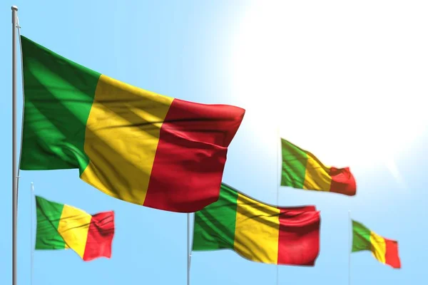 Bonito 5 banderas de Malí son ola contra el cielo azul imagen con bokeh - cualquier celebración bandera 3d ilustración — Foto de Stock