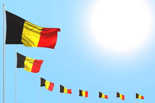 Beau beaucoup de drapeaux de Belgique placés en diagonale sur le ciel bleu avec de l'espace pour votre contenu - n'importe quel drapeau de fête illustration 3D — Photo