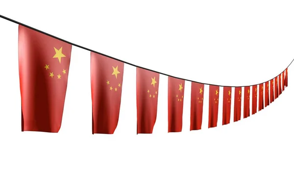 可爱的许多中国国旗或横幅悬挂对角线与透视视图上的绳子隔离在白色 - 任何庆祝旗3D插图 — 图库照片