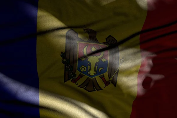 Maravilhosa foto da bandeira moldávia escura com dobras deitado plano em sombras com manchas de luz nele qualquer ocasião bandeira ilustração 3d — Fotografia de Stock