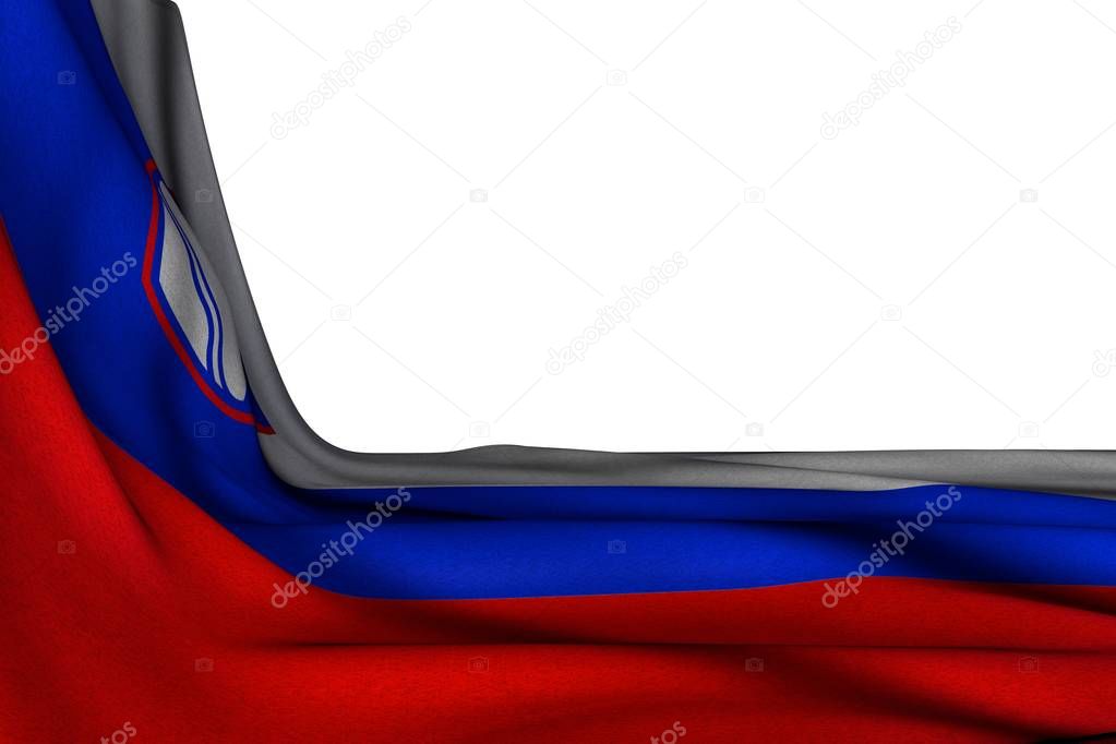 pretty isolated mockup of Slovenia flag hanging diagonal on white with empty space for your content - any holiday flag 3d illustration