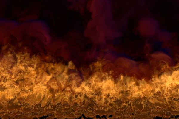 Láng az alsó sarkok-tűz 3D illusztrációja misztikus olvadó láva, sylized keret sűrű füst izolált fekete — Stock Fotó