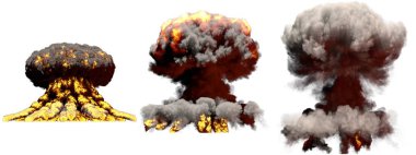 patlama 3D Illustration-3 büyük farklı aşamaları yangın mantar bulut patlama süper bomba duman ve alev beyaz izole