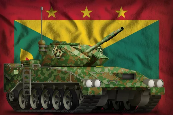 Grenada Ulusal bayrağı arka planda yaz kamuflajı ile hafif tank APC. 3D Illustration — Stok fotoğraf