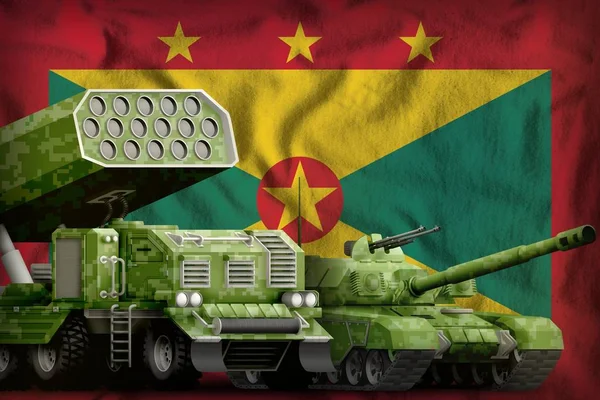 Grenada heavy military armored vehicles concept on the national flag background. 3d Illustration
