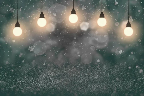 Teal, Sea-Green cute glanzende glitter lichten gedeconcentreerde bokeh abstracte achtergrond met gloeilampen en vallende sneeuwvlokken vliegen, festal mockup textuur met lege ruimte voor uw inhoud — Stockfoto