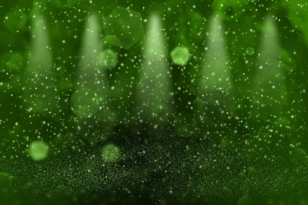 Verde muito brilhante brilho luzes desfocado palco holofotes bokeh fundo abstrato com faíscas voar, feriado textura mockup com espaço em branco para o seu conteúdo — Fotografia de Stock