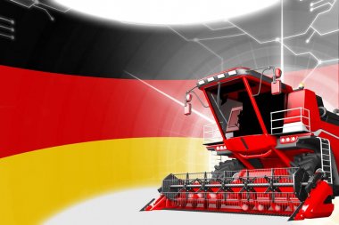 Kırmızı gelişmiş tahıl dijital endüstriyel 3d illüstrasyon Almanya bayrağı üzerinde hasat birleştirmek - tarım ekipmanları yenilik kavramı