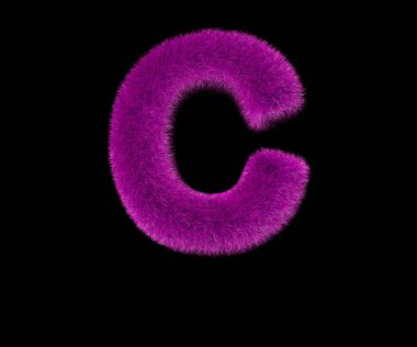 siyah harfli sevimli lüks mor Shaggy alfabe izole C, semboller lüks kavramı 3D Illustration
